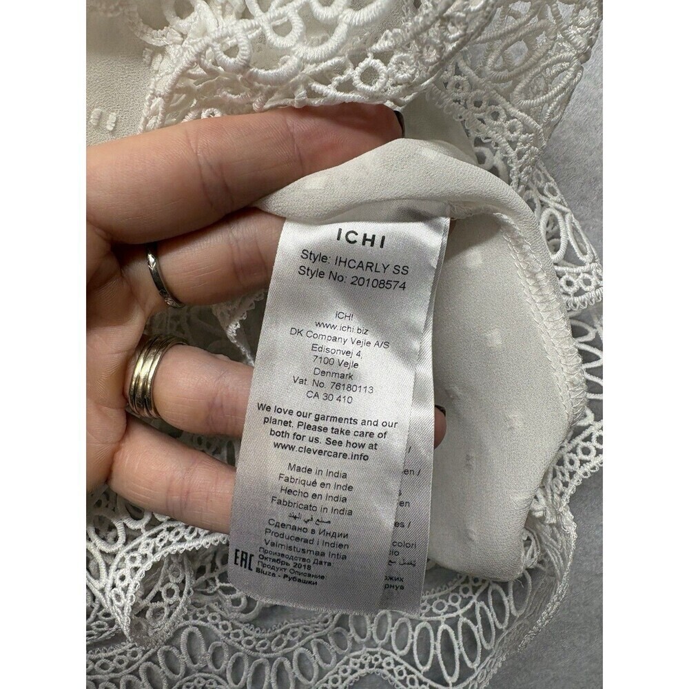 ICHI Woman’s Blouse Short Sleeve Top Size 38 Made in India White Lace Coquette - Picture 3 of 5